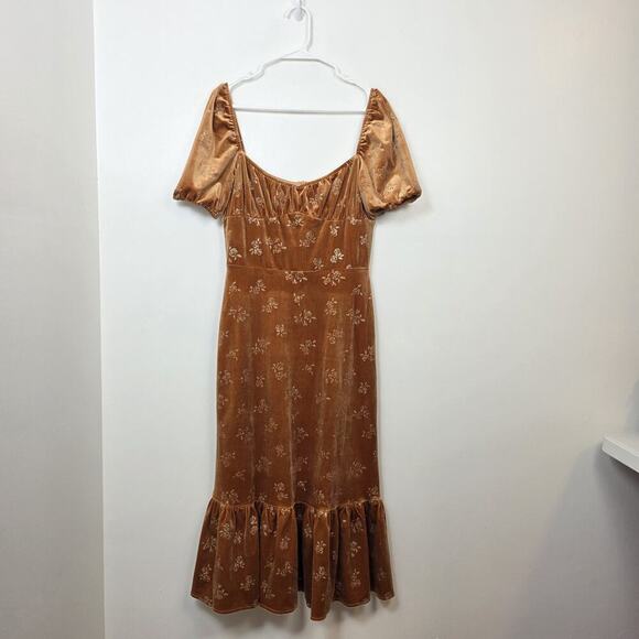 Lait Collection Orange Velvet Brielle Square Neckline Floral Midi Dress Large - Picture 2 of 8